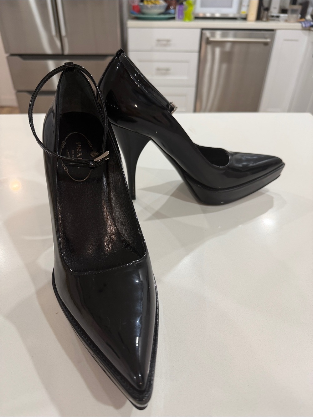 Prada Black Patent Pointed-Toe Stiletto Pumps with Ankle Strap